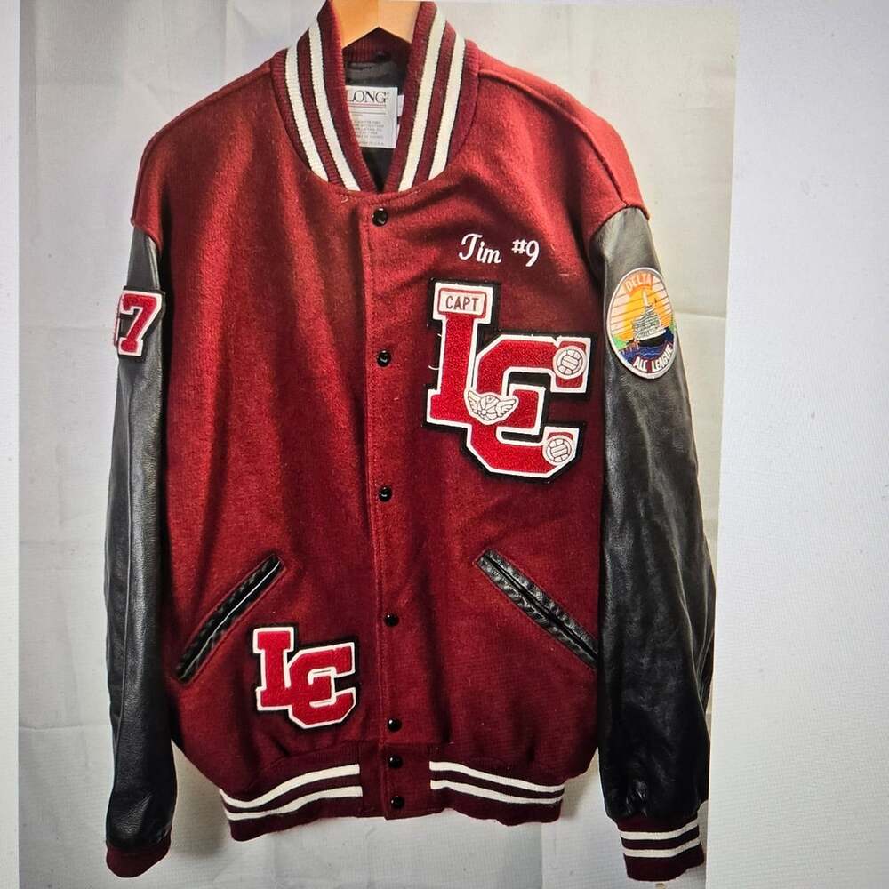 DeLong Varsity Jacket XL Long Red Wool Black Leather Letterman